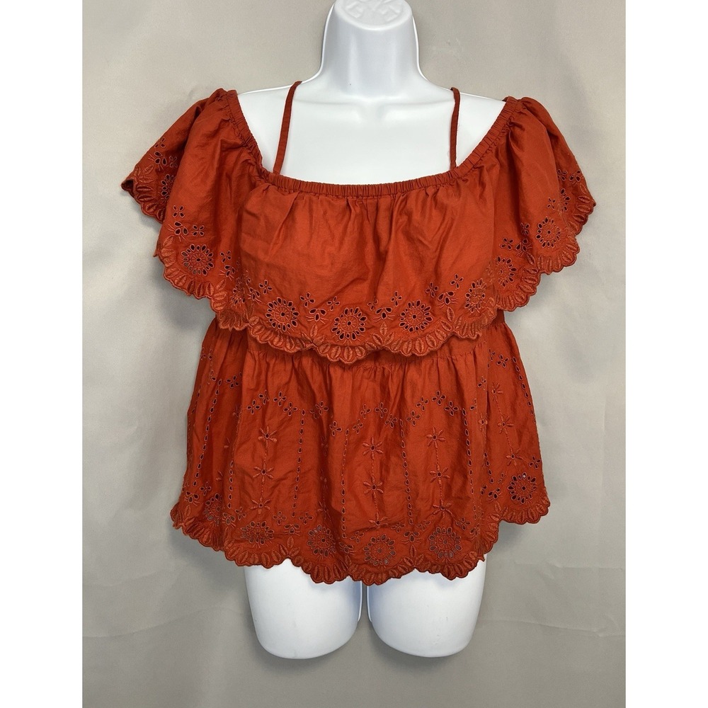 Old Navy Women's Off-Shoulder Cutwork Top Sz Large Bronzed Amber Eyelet Ruff - Picture 3 of 12
